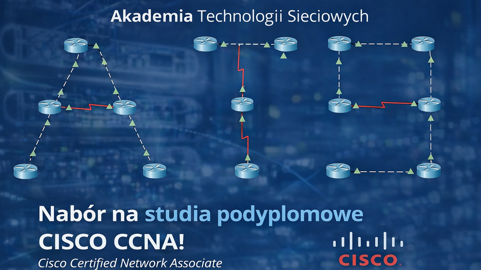 Grafika promocyjna Akademii Technologii Sieciowych. Na niebieskim, technologicznym tle widnieje napis „Akademia Technologii Sieciowych”. Poniżej znajdują się schematy połączeń sieciowych ułożone w litery „A”, „T” i „S”, złożone z ikon routerów połączonych liniami przerywanymi. Część połączeń zaznaczona jest na czerwono, co symbolizuje przerwy lub awarie w sieci. Niżej umieszczono tekst: „Nabór na studia podyplomowe CISCO CCNA!” oraz „Cisco Certified Network Associate”. Po prawej stronie znajduje się logo Cisco. Na dole grafiki podane są dane kontaktowe: strona www.ats.uni.lodz.pl , numer telefonu 695 474 626 oraz adres e-mail ats@uni.lodz.pl .