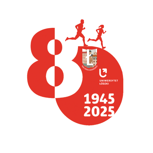 Czerwone logo obchodów 80-lecia Uniwersytetu Łódzkiego. Duża liczba „80” wypełnia centralną część grafiki. Na górze widoczne są sylwetki dwóch biegnących osób. Wewnątrz cyfry „0” umieszczono herb UŁ. Obok znajdują się napisy: „1945–2025” oraz „Uniwersytet Łódzki”.
