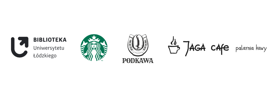 logotypy kawiarni: Jaga Cafe, Podkawa, Starbucks