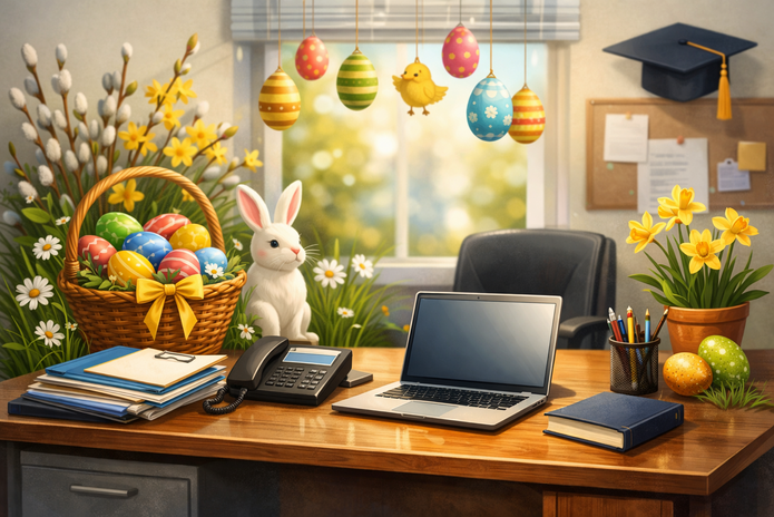 Ilustracja przedstawia biurko w jasnym biurze udekorowanym motywami wielkanocnymi. Na drewnianym biurku stoją otwarty laptop, telefon biurowy, stos dokumentów oraz przybory do pisania w kubku. Obok znajduje się doniczka z żółtymi kwiatami. Po lewej stronie stoi koszyk wypełniony kolorowymi pisankami oraz figurka białego zajączka wielkanocnego. W tle widać okno, przez które wpada światło, a nad nim wiszą ozdobne wielkanocne jajka i mała dekoracja w kształcie kurczaczka. Na ścianie znajduje się tablica korkowa z przypiętymi kartkami oraz czapka absolwenta. Całość tworzy wiosenny, świąteczny klimat biura.