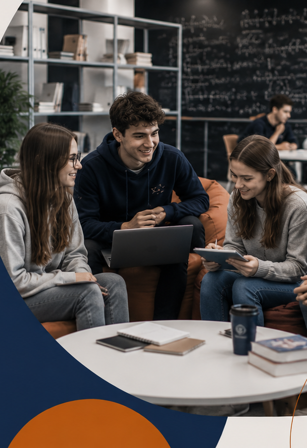 Grafika przedstawia grupę studentów wspólnie uczących się i pracujących przy laptopach i notatkach w przestrzeni do nauki. W tle widoczna jest tablica z zapisami matematycznymi oraz regały z książkami. Kompozycję uzupełniają granatowe i rdzawopomarańczowe elementy geometryczne, łuki, linie i układ punktów na jasnym tle, nawiązujące do identyfikacji wizualnej Wydziału.