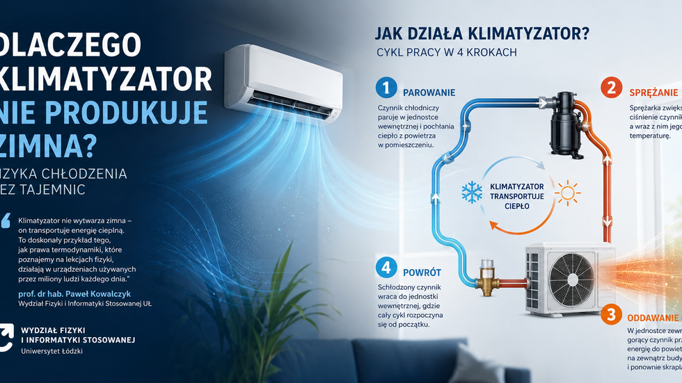 Infografika w poziomym układzie wyjaśniająca zasadę działania klimatyzatora. Lewa część ma ciemnoniebieskie tło z dużym tytułem: „Dlaczego klimatyzator nie produkuje zimna? Fizyka chłodzenia bez tajemnic”. Obok tytułu znajduje się nowoczesna jednostka wewnętrzna klimatyzatora zamontowana na ścianie, z której wydobywają się niebieskie smugi symbolizujące chłodny nawiew. Poniżej umieszczono wyróżniony cytat wyjaśniający, że klimatyzator nie wytwarza zimna, lecz transportuje energię cieplną zgodnie z prawami termodynamiki. W dolnej części widoczny jest fragment nowoczesnego salonu z rośliną doniczkową.  Prawa część infografiki przedstawia schemat działania klimatyzatora. Pokazano zamknięty obieg czynnika chłodniczego łączący jednostkę wewnętrzną z jednostką zewnętrzną. Niebieskie przewody oznaczają chłodniejszy czynnik odbierający ciepło z pomieszczenia, a pomarańczowe – gorący czynnik transportujący ciepło na zewnątrz. Na schemacie zaznaczono sprężarkę oraz kierunek przepływu czynnika za pomocą strzałek.  Proces podzielono na cztery etapy: (1) parowanie – czynnik chłodniczy pochłania ciepło z powietrza w pomieszczeniu, (2) sprężanie – sprężarka zwiększa jego ciśnienie i temperaturę, (3) oddawanie ciepła – jednostka zewnętrzna przekazuje ciepło do otoczenia, (4) powrót – schłodzony czynnik wraca do jednostki wewnętrznej i cykl rozpoczyna się od nowa. W centrum znajduje się graficzny symbol obiegu ciepła ze śnieżynką i słońcem oraz napis „Klimatyzator transportuje ciepło”.  Grafika ma charakter edukacyjny i pokazuje, że klimatyzator nie produkuje zimna, lecz przenosi energię cieplną z wnętrza budynku na zewnątrz.