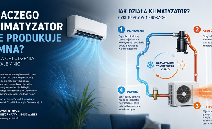 Infografika w poziomym układzie wyjaśniająca zasadę działania klimatyzatora. Lewa część ma ciemnoniebieskie tło z dużym tytułem: „Dlaczego klimatyzator nie produkuje zimna? Fizyka chłodzenia bez tajemnic”. Obok tytułu znajduje się nowoczesna jednostka wewnętrzna klimatyzatora zamontowana na ścianie, z której wydobywają się niebieskie smugi symbolizujące chłodny nawiew. Poniżej umieszczono wyróżniony cytat wyjaśniający, że klimatyzator nie wytwarza zimna, lecz transportuje energię cieplną zgodnie z prawami termodynamiki. W dolnej części widoczny jest fragment nowoczesnego salonu z rośliną doniczkową.  Prawa część infografiki przedstawia schemat działania klimatyzatora. Pokazano zamknięty obieg czynnika chłodniczego łączący jednostkę wewnętrzną z jednostką zewnętrzną. Niebieskie przewody oznaczają chłodniejszy czynnik odbierający ciepło z pomieszczenia, a pomarańczowe – gorący czynnik transportujący ciepło na zewnątrz. Na schemacie zaznaczono sprężarkę oraz kierunek przepływu czynnika za pomocą strzałek.  Proces podzielono na cztery etapy: (1) parowanie – czynnik chłodniczy pochłania ciepło z powietrza w pomieszczeniu, (2) sprężanie – sprężarka zwiększa jego ciśnienie i temperaturę, (3) oddawanie ciepła – jednostka zewnętrzna przekazuje ciepło do otoczenia, (4) powrót – schłodzony czynnik wraca do jednostki wewnętrznej i cykl rozpoczyna się od nowa. W centrum znajduje się graficzny symbol obiegu ciepła ze śnieżynką i słońcem oraz napis „Klimatyzator transportuje ciepło”.  Grafika ma charakter edukacyjny i pokazuje, że klimatyzator nie produkuje zimna, lecz przenosi energię cieplną z wnętrza budynku na zewnątrz.