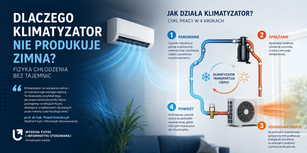 Infografika w poziomym układzie wyjaśniająca zasadę działania klimatyzatora. Lewa część ma ciemnoniebieskie tło z dużym tytułem: „Dlaczego klimatyzator nie produkuje zimna? Fizyka chłodzenia bez tajemnic”. Obok tytułu znajduje się nowoczesna jednostka wewnętrzna klimatyzatora zamontowana na ścianie, z której wydobywają się niebieskie smugi symbolizujące chłodny nawiew. Poniżej umieszczono wyróżniony cytat wyjaśniający, że klimatyzator nie wytwarza zimna, lecz transportuje energię cieplną zgodnie z prawami termodynamiki. W dolnej części widoczny jest fragment nowoczesnego salonu z rośliną doniczkową.  Prawa część infografiki przedstawia schemat działania klimatyzatora. Pokazano zamknięty obieg czynnika chłodniczego łączący jednostkę wewnętrzną z jednostką zewnętrzną. Niebieskie przewody oznaczają chłodniejszy czynnik odbierający ciepło z pomieszczenia, a pomarańczowe – gorący czynnik transportujący ciepło na zewnątrz. Na schemacie zaznaczono sprężarkę oraz kierunek przepływu czynnika za pomocą strzałek.  Proces podzielono na cztery etapy: (1) parowanie – czynnik chłodniczy pochłania ciepło z powietrza w pomieszczeniu, (2) sprężanie – sprężarka zwiększa jego ciśnienie i temperaturę, (3) oddawanie ciepła – jednostka zewnętrzna przekazuje ciepło do otoczenia, (4) powrót – schłodzony czynnik wraca do jednostki wewnętrznej i cykl rozpoczyna się od nowa. W centrum znajduje się graficzny symbol obiegu ciepła ze śnieżynką i słońcem oraz napis „Klimatyzator transportuje ciepło”.  Grafika ma charakter edukacyjny i pokazuje, że klimatyzator nie produkuje zimna, lecz przenosi energię cieplną z wnętrza budynku na zewnątrz.