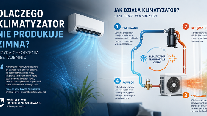 Infografika w poziomym układzie wyjaśniająca zasadę działania klimatyzatora. Lewa część ma ciemnoniebieskie tło z dużym tytułem: „Dlaczego klimatyzator nie produkuje zimna? Fizyka chłodzenia bez tajemnic”. Obok tytułu znajduje się nowoczesna jednostka wewnętrzna klimatyzatora zamontowana na ścianie, z której wydobywają się niebieskie smugi symbolizujące chłodny nawiew. Poniżej umieszczono wyróżniony cytat wyjaśniający, że klimatyzator nie wytwarza zimna, lecz transportuje energię cieplną zgodnie z prawami termodynamiki. W dolnej części widoczny jest fragment nowoczesnego salonu z rośliną doniczkową.  Prawa część infografiki przedstawia schemat działania klimatyzatora. Pokazano zamknięty obieg czynnika chłodniczego łączący jednostkę wewnętrzną z jednostką zewnętrzną. Niebieskie przewody oznaczają chłodniejszy czynnik odbierający ciepło z pomieszczenia, a pomarańczowe – gorący czynnik transportujący ciepło na zewnątrz. Na schemacie zaznaczono sprężarkę oraz kierunek przepływu czynnika za pomocą strzałek.  Proces podzielono na cztery etapy: (1) parowanie – czynnik chłodniczy pochłania ciepło z powietrza w pomieszczeniu, (2) sprężanie – sprężarka zwiększa jego ciśnienie i temperaturę, (3) oddawanie ciepła – jednostka zewnętrzna przekazuje ciepło do otoczenia, (4) powrót – schłodzony czynnik wraca do jednostki wewnętrznej i cykl rozpoczyna się od nowa. W centrum znajduje się graficzny symbol obiegu ciepła ze śnieżynką i słońcem oraz napis „Klimatyzator transportuje ciepło”.  Grafika ma charakter edukacyjny i pokazuje, że klimatyzator nie produkuje zimna, lecz przenosi energię cieplną z wnętrza budynku na zewnątrz.