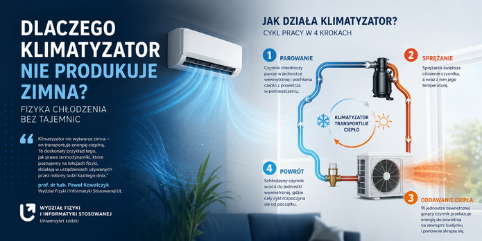 Infografika w poziomym układzie wyjaśniająca zasadę działania klimatyzatora. Lewa część ma ciemnoniebieskie tło z dużym tytułem: „Dlaczego klimatyzator nie produkuje zimna? Fizyka chłodzenia bez tajemnic”. Obok tytułu znajduje się nowoczesna jednostka wewnętrzna klimatyzatora zamontowana na ścianie, z której wydobywają się niebieskie smugi symbolizujące chłodny nawiew. Poniżej umieszczono wyróżniony cytat wyjaśniający, że klimatyzator nie wytwarza zimna, lecz transportuje energię cieplną zgodnie z prawami termodynamiki. W dolnej części widoczny jest fragment nowoczesnego salonu z rośliną doniczkową.  Prawa część infografiki przedstawia schemat działania klimatyzatora. Pokazano zamknięty obieg czynnika chłodniczego łączący jednostkę wewnętrzną z jednostką zewnętrzną. Niebieskie przewody oznaczają chłodniejszy czynnik odbierający ciepło z pomieszczenia, a pomarańczowe – gorący czynnik transportujący ciepło na zewnątrz. Na schemacie zaznaczono sprężarkę oraz kierunek przepływu czynnika za pomocą strzałek.  Proces podzielono na cztery etapy: (1) parowanie – czynnik chłodniczy pochłania ciepło z powietrza w pomieszczeniu, (2) sprężanie – sprężarka zwiększa jego ciśnienie i temperaturę, (3) oddawanie ciepła – jednostka zewnętrzna przekazuje ciepło do otoczenia, (4) powrót – schłodzony czynnik wraca do jednostki wewnętrznej i cykl rozpoczyna się od nowa. W centrum znajduje się graficzny symbol obiegu ciepła ze śnieżynką i słońcem oraz napis „Klimatyzator transportuje ciepło”.  Grafika ma charakter edukacyjny i pokazuje, że klimatyzator nie produkuje zimna, lecz przenosi energię cieplną z wnętrza budynku na zewnątrz.