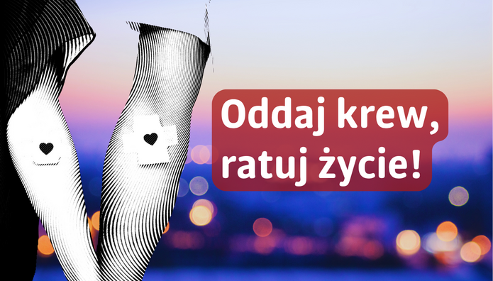 Grafika przedstawia stylizowane, czarno-białe fragmenty dwóch ramion widzianych z boku, z zaznaczonymi opatrunkami w miejscu pobrania krwi. Na opatrunkach widoczne są symbole serca. Tło stanowi rozmyty pejzaż miasta o zmierzchu, w odcieniach fioletu, różu i niebieskiego, z punktami świetlnymi przypominającymi miejskie światła. Po prawej stronie znajduje się czerwony, zaokrąglony prostokąt z białym napisem: „Oddaj krew, ratuj życie!”.