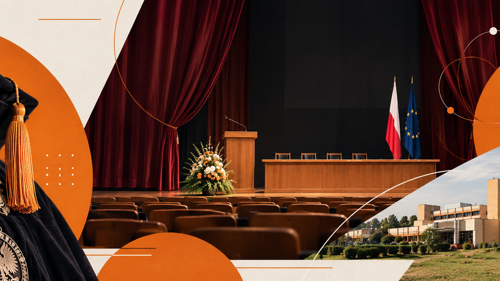 Pozioma grafika promująca inaugurację roku akademickiego. Po lewej stronie widoczny jest czarny strój akademicki z biretem, złotym chwostem i ozdobnym łańcuchem. W centralnej części znajduje się uroczysta scena z bordową kotarą, mównicą, stołem prezydialnym, flagami Polski i Unii Europejskiej oraz kompozycją kwiatową. Po prawej stronie umieszczono fotografię budynku Wydziału Fizyki i Informatyki Stosowanej UŁ. Kompozycję uzupełniają pomarańczowe geometryczne elementy, cienkie linie orbitalne i dekoracyjne kropki.