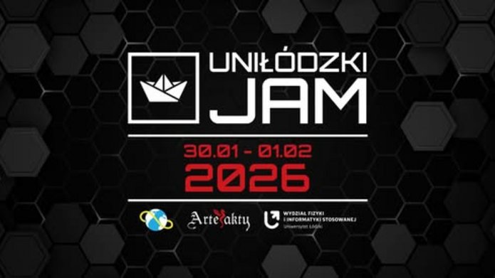 Ciemna grafika promocyjna z geometrycznym, heksagonalnym tłem. Na środku duży biały napis: „UNILÓDZKI JAM”. Pod nim czerwonym kolorem data: „30.01 – 01.02 2026”. Obok znajduje się biały symbol papierowej łódki w kwadracie. Na dole widoczne są logotypy organizatorów: Artefakty oraz Wydział Fizyki i Informatyki Stosowanej Uniwersytetu Łódzkiego.