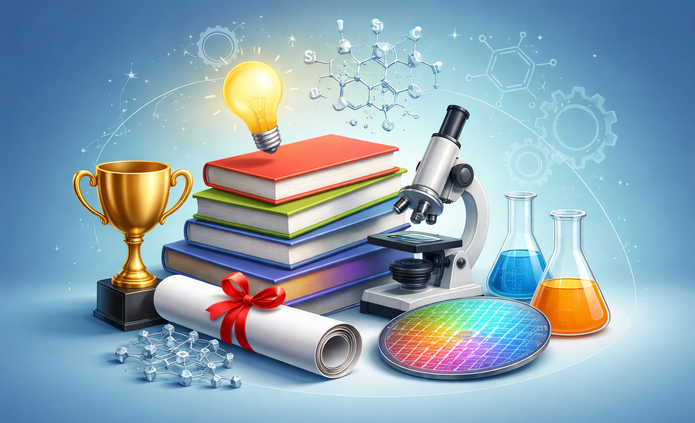 Ilustracja przedstawia kompozycję związaną z nauką i osiągnięciami akademickimi na jasnoniebieskim tle. W centrum znajdują się ułożone w stos kolorowe książki. Na nich unosi się świecąca żarówka symbolizująca pomysł lub innowację.  Po lewej stronie widoczny jest złoty puchar – symbol nagrody i wyróżnienia. Przed książkami leży zwinięty dyplom przewiązany czerwoną wstążką.  Po prawej stronie znajduje się mikroskop oraz laboratoryjne naczynia szklane z kolorowymi cieczami – niebieską i pomarańczową. Obok nich umieszczono okrągły, wielobarwny krążek przypominający płytkę krzemową, używaną w technologii.  W tle widoczne są delikatne schematy naukowe, takie jak struktury molekularne i koła zębate, które symbolizują badania, technologię i rozwój naukowy.  Całość tworzy nowoczesną, estetyczną kompozycję podkreślającą temat nauki, innowacji i nagradzania osiągnięć.