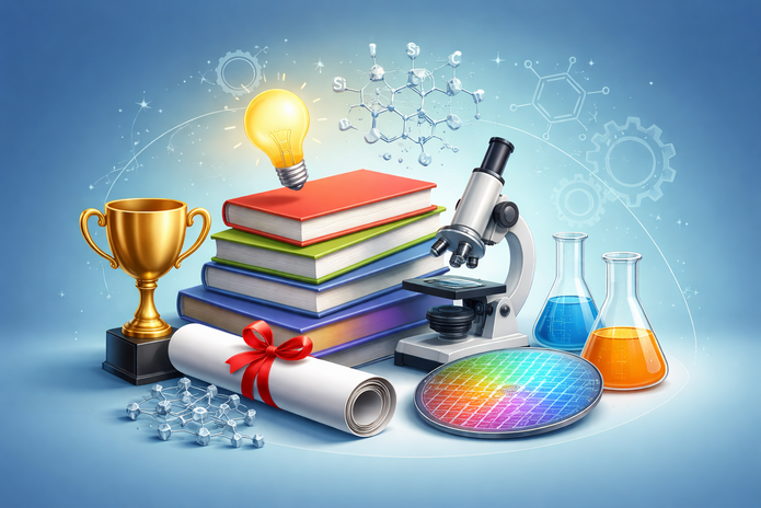 Ilustracja przedstawia kompozycję związaną z nauką i osiągnięciami akademickimi na jasnoniebieskim tle. W centrum znajdują się ułożone w stos kolorowe książki. Na nich unosi się świecąca żarówka symbolizująca pomysł lub innowację.  Po lewej stronie widoczny jest złoty puchar – symbol nagrody i wyróżnienia. Przed książkami leży zwinięty dyplom przewiązany czerwoną wstążką.  Po prawej stronie znajduje się mikroskop oraz laboratoryjne naczynia szklane z kolorowymi cieczami – niebieską i pomarańczową. Obok nich umieszczono okrągły, wielobarwny krążek przypominający płytkę krzemową, używaną w technologii.  W tle widoczne są delikatne schematy naukowe, takie jak struktury molekularne i koła zębate, które symbolizują badania, technologię i rozwój naukowy.  Całość tworzy nowoczesną, estetyczną kompozycję podkreślającą temat nauki, innowacji i nagradzania osiągnięć.