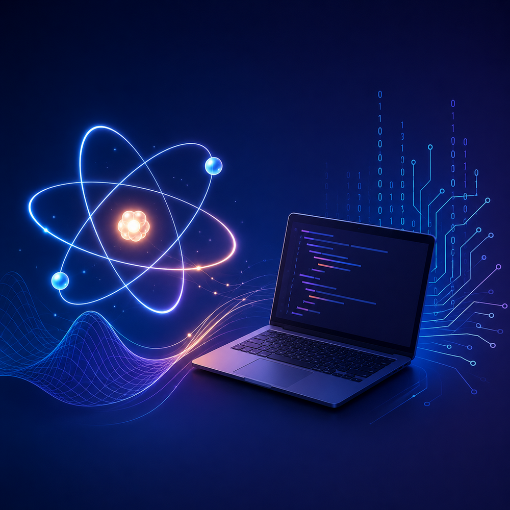 Grafika przedstawia nowoczesną, cyfrową ilustrację na ciemnogranatowym tle. Po lewej stronie widoczny jest świecący model atomu z orbitami i elektronami, symbolizujący fizykę. Po prawej stronie znajduje się laptop z ekranem przedstawiającym fragment kodu programistycznego, otoczony symbolami binarnymi (0 i 1) oraz elementami układów elektronicznych, nawiązującymi do informatyki. Pomiędzy atomem a komputerem biegną świetlne linie i fale, symbolizujące połączenie fizyki, informatyki, technologii i przepływu informacji. Dominują odcienie granatu, niebieskiego, fioletu i delikatnego różu. Grafika nie zawiera tekstu ani logo.