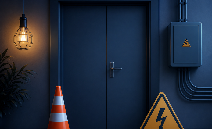 Grafika przedstawia zamknięte drzwi w budynku oraz elementy związane z pracami elektrycznymi: pachołek ostrzegawczy, znak wysokiego napięcia i skrzynkę elektryczną. Ilustracja symbolizuje czasowe zamknięcie budynku z powodu prac przy instalacji elektrycznej.