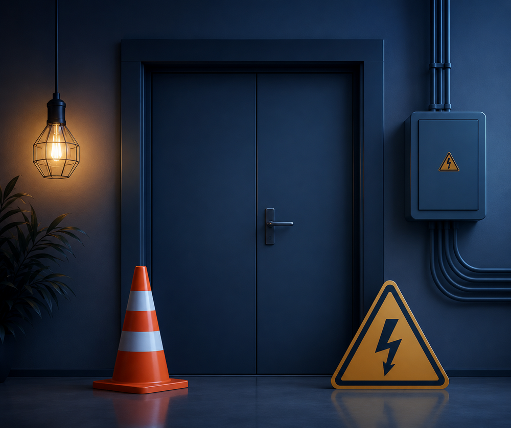 Grafika przedstawia zamknięte drzwi w budynku oraz elementy związane z pracami elektrycznymi: pachołek ostrzegawczy, znak wysokiego napięcia i skrzynkę elektryczną. Ilustracja symbolizuje czasowe zamknięcie budynku z powodu prac przy instalacji elektrycznej.