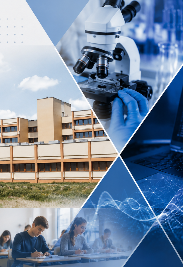 Grafika przedstawia Wydział Fizyki i Informatyki Stosowanej Uniwersytetu Łódzkiego. W centrum widoczny jest budynek wydziału otoczony zielenią. Wokół niego umieszczono fotografie i elementy graficzne nawiązujące do działalności wydziału: badań laboratoryjnych z wykorzystaniem mikroskopu, programowania oraz analizy danych i fal. W dolnej części przedstawiono studentów podczas zajęć. Kompozycję utrzymano w spójnej biało-niebieskiej kolorystyce z geometrycznymi elementami nawiązującymi do nauki i nowych technologii.
