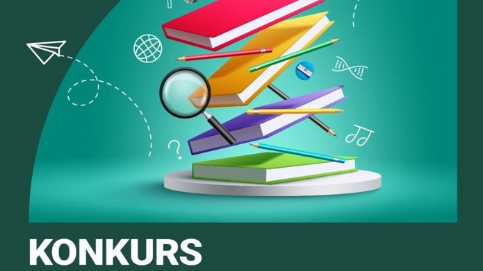 Grafika promująca konkurs organizowany przez Urząd Marszałkowski Województwa Łódzkiego. Tło ma odcienie zieleni i turkusu. W centralnej części znajduje się kompozycja unoszących się przedmiotów związanych z edukacją: kilka kolorowych książek ułożonych jedna nad drugą, lupa, ołówki i długopisy, żarówka symbolizująca pomysł oraz czapka absolwenta (biret). Wokół widoczne są drobne elementy graficzne, takie jak papierowe samoloty, linie przerywane i symbole nauki oraz sztuki.  Na dole grafiki widnieje duży napis: „KONKURS Marszałka Województwa Łódzkiego”. Poniżej znajduje się informacja: „Najlepsze prace związane z województwem łódzkim”.  W lewym górnym rogu umieszczone jest logo „Łódzkie – Urząd Marszałkowski”.  Sens grafiki: Grafika zachęca do udziału w konkursie dotyczącym województwa łódzkiego, skierowanym prawdopodobnie do uczniów lub studentów, związanym z edukacją i twórczością.