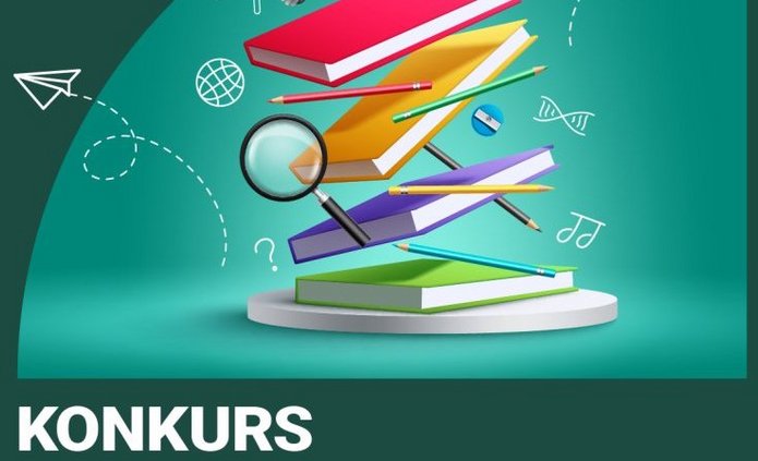 Grafika promująca konkurs organizowany przez Urząd Marszałkowski Województwa Łódzkiego. Tło ma odcienie zieleni i turkusu. W centralnej części znajduje się kompozycja unoszących się przedmiotów związanych z edukacją: kilka kolorowych książek ułożonych jedna nad drugą, lupa, ołówki i długopisy, żarówka symbolizująca pomysł oraz czapka absolwenta (biret). Wokół widoczne są drobne elementy graficzne, takie jak papierowe samoloty, linie przerywane i symbole nauki oraz sztuki.  Na dole grafiki widnieje duży napis: „KONKURS Marszałka Województwa Łódzkiego”. Poniżej znajduje się informacja: „Najlepsze prace związane z województwem łódzkim”.  W lewym górnym rogu umieszczone jest logo „Łódzkie – Urząd Marszałkowski”.  Sens grafiki: Grafika zachęca do udziału w konkursie dotyczącym województwa łódzkiego, skierowanym prawdopodobnie do uczniów lub studentów, związanym z edukacją i twórczością.