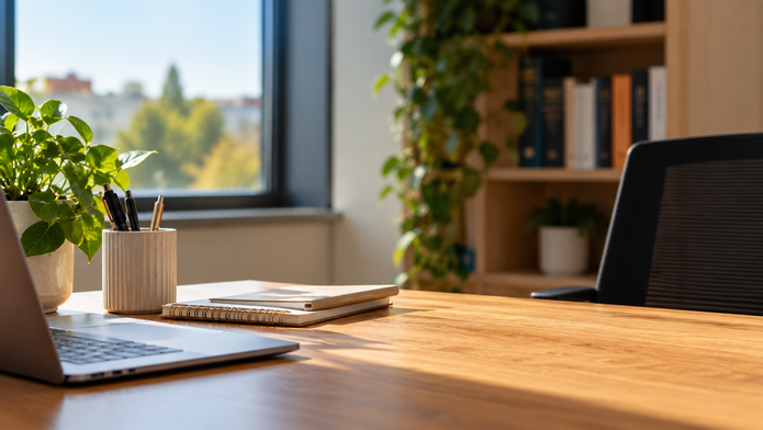 Naturalne zdjęcie jasnego, nowoczesnego biura. Na drewnianym biurku znajdują się laptop, notes i pojemnik z długopisami oraz doniczka z zieloną rośliną. W tle widać regał z książkami, rośliny i fotel biurowy. Przez duże okno do wnętrza wpada naturalne światło.